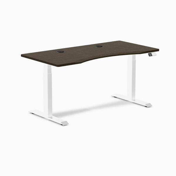Desky Dual Ergo Edge Sit Stand Desk, Dark Bamboo desktop, White frame