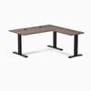 Desky Zero L-shape office desk with Jarrah Legno laminate top, Matte Black steel frame, and grommets.