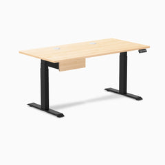 Desky Dual Hardwood Standing Desk With Drawer, Maple desktop, Matte Black frame