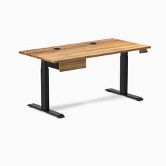 Desky Dual Hardwood Standing Desk With Drawer, Teak desktop, Matte Black frame