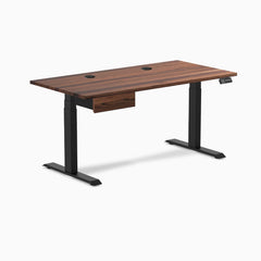 Desky Dual Hardwood Standing Desk With Drawer, Walnut desktop, Matte Black frame