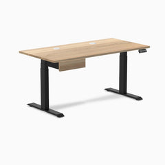Desky Dual Hardwood Standing Desk With Drawer, White Ash desktop, Matte Black frame