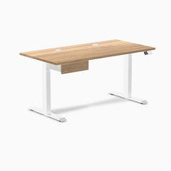 Desky Dual Hardwood Standing Desk With Drawer, White Oak desktop, White frame