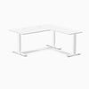 White Desky Zero Laminate L-shape office desk with steel frame and grommets.