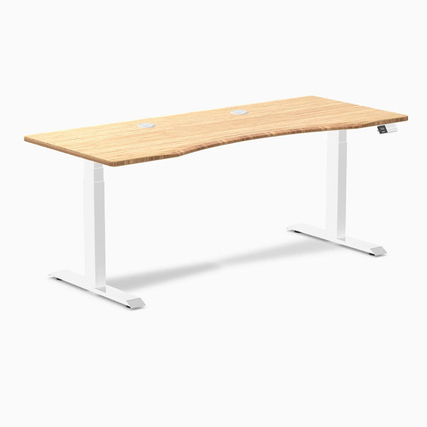 Desky Dual Ergo Edge Sit Stand Desk, Bamboo desktop, White frame