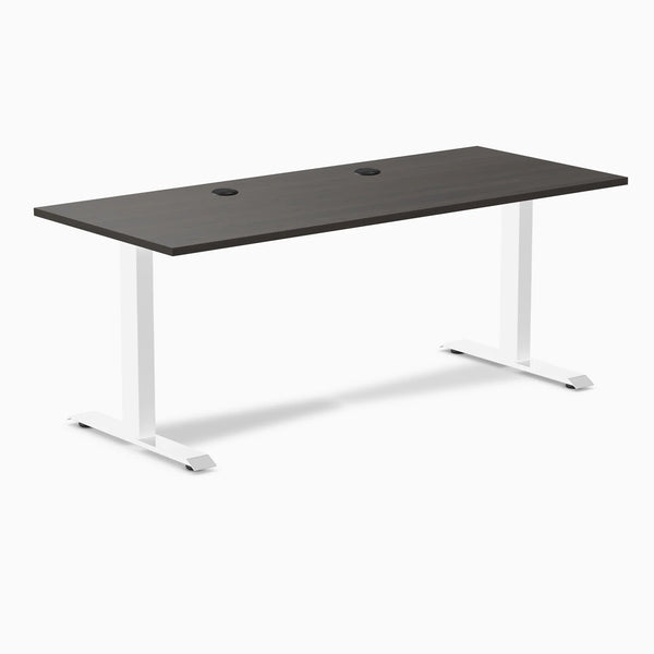 Desky Zero laminate office desk, 70.9x29.5 inch burnished wood top with grommets, white steel frame.