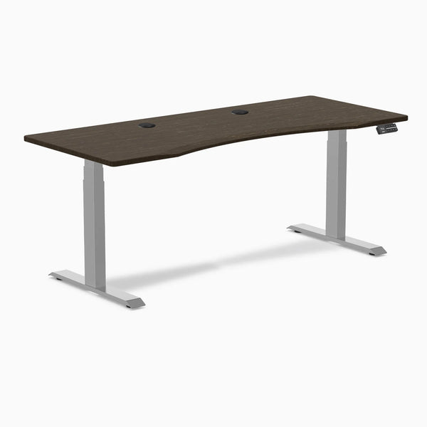 Desky Dual Ergo Edge Sit Stand Desk, Dark Bamboo desktop, Gray frame