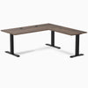 Desky Zero L-shape office desk with Jarrah Legno laminate top, matte black steel frame, and grommets.
