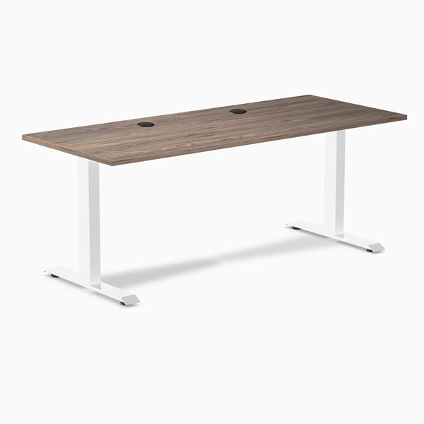 Desky Zero laminate office desk with natural walnut top, white steel frame, and two grommets.