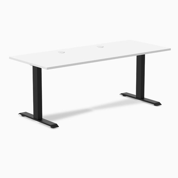 Desky Zero laminate office desk with white top, matte black steel frame, and two grommets.