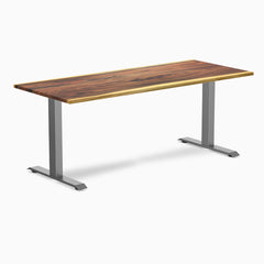 Desky Zero 72x30 inch Saman hardwood desk with live edge and Space Gray steel frame.