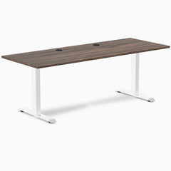 Desky Zero office desk with Jarrah Legno laminate top, white steel frame, and two grommets.