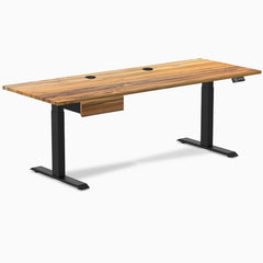 Desky Dual Hardwood Standing Desk With Drawer, Teak desktop, Matte Black frame