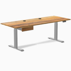 Desky Dual Hardwood Standing Desk With Drawer, Teak desktop, Gray frame