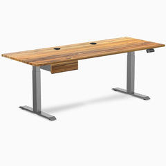 Desky Dual Hardwood Standing Desk With Drawer, Teak desktop, Space Gray frame