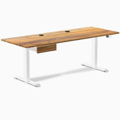 Desky Dual Hardwood Standing Desk With Drawer, Teak desktop, White frame
