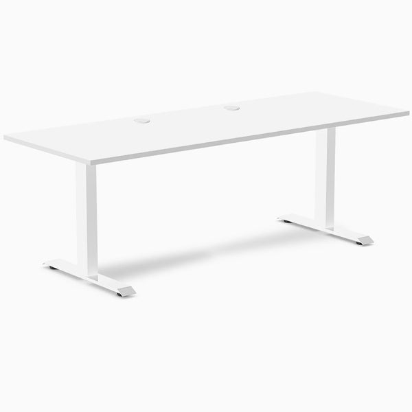 Desky Zero fixed height office desk, white laminate top (78.7x29.5 inches) with grommets, and white steel frame.