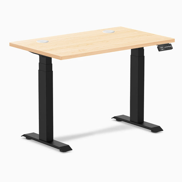 Desky Dual Mini Hardwood Sit Stand Desk, Maple desktop, Matte Black frame