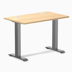 Desky Zero Mini sit-stand desk, 40x24 Sublime Teak top with grommets, Space Gray fixed-height legs.