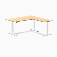 Desky Bamboo L-Shape Sit Stand Desk, Bamboo desktop, White frame