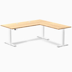 Desky Bamboo L-Shape Sit Stand Desk, Bamboo desktop, White frame