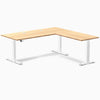 Desky Bamboo L-Shape Sit Stand Desk, Bamboo desktop, White frame