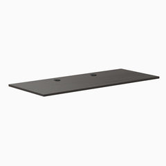 Burnished Wood laminate desktop, 70.9" x 29.5", with two black grommets.