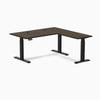 Desky Bamboo L-Shape Sit Stand Desk, Dark Bamboo desktop, Matte Black frame