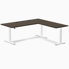 Desky Bamboo L-Shape Sit Stand Desk, Dark Bamboo desktop, White frame
