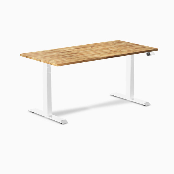 Desky Dual Hardwood Sit Stand Desk, Acacia desktop, White frame