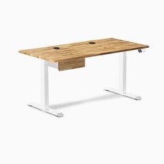 Desky Dual Hardwood Standing Desk With Drawer, Acacia desktop, White frame