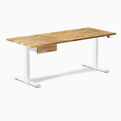 Desky Dual Hardwood Standing Desk With Drawer, Acacia desktop, White frame