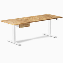 Desky Dual Hardwood Standing Desk With Drawer, Acacia desktop, White frame