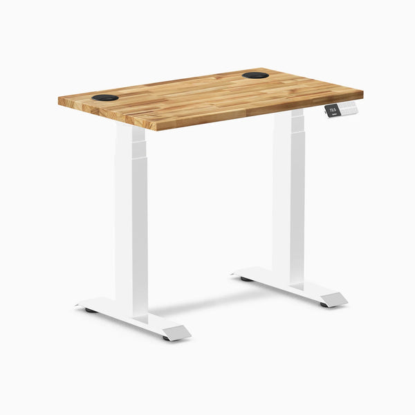 Desky Dual Mini Hardwood Sit Stand Desk, Acacia desktop, White frame
