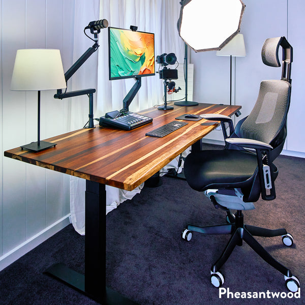 Desky Dual Pheasantwood Hardwood Sit Stand Desk Setup