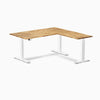 Desky Hardwood L-Shape Sit Stand Desk, Acacia desktop, White frame