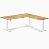 Desky Hardwood L-Shape Sit Stand Desk, Acacia desktop, White frame
