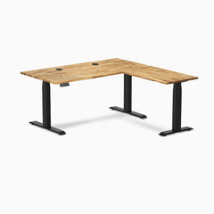 Desky Hardwood L-Shape Sit Stand Desk, Acacia desktop, Matte Black frame