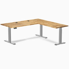 Desky Hardwood L-Shape Sit Stand Desk, Acacia desktop, Gray frame