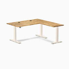Desky Hardwood L-Shape Sit Stand Desk, Acacia desktop, White frame
