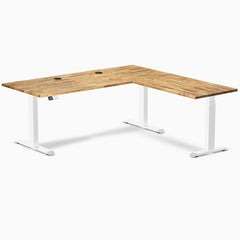 Desky Hardwood L-Shape Sit Stand Desk, Acacia desktop, White frame