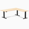 Desky Hardwood L-Shape Sit Stand Desk, Maple desktop, Matte Black frame