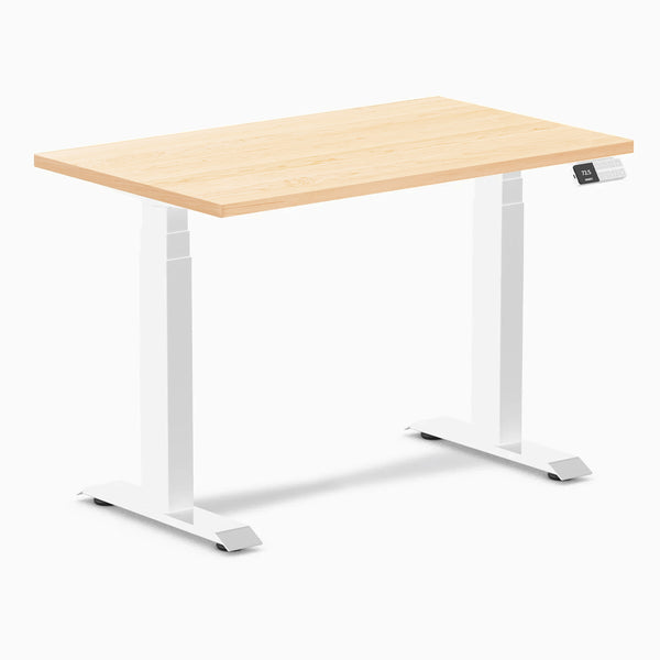 Desky Dual Mini Hardwood Sit Stand Desk, Maple desktop, White frame