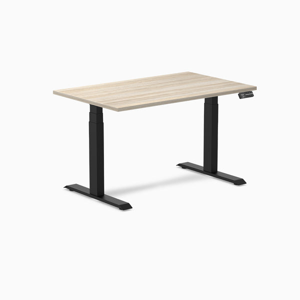 Desky Dual Laminate Sit Stand Desk, Classic Oak desktop, Matte Black frame