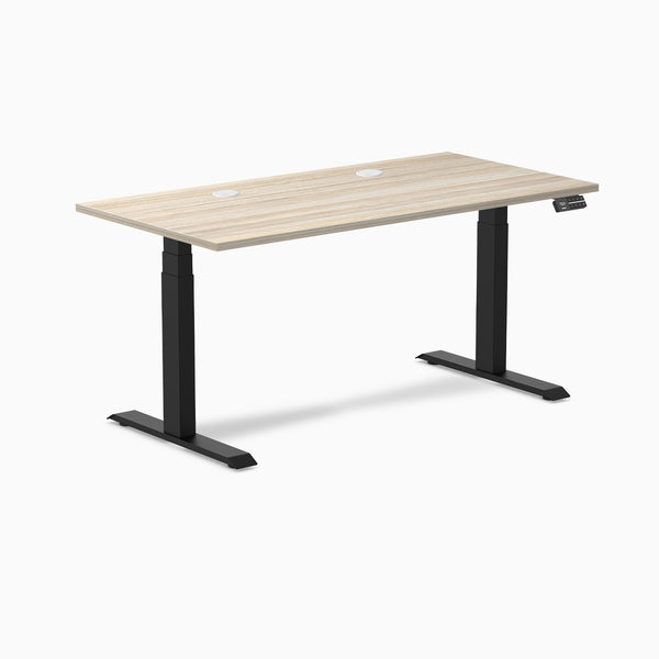 Desky Dual Laminate Sit Stand Desk, Classic Oak desktop, Matte Black frame