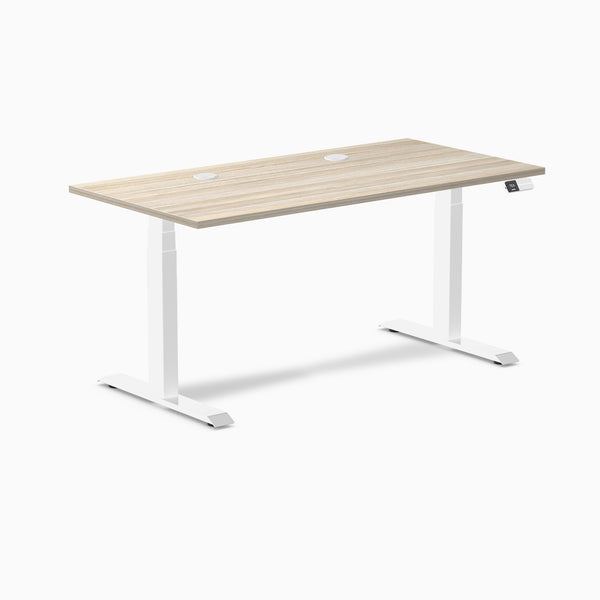 Desky Dual Laminate Sit Stand Desk, Classic Oak desktop, White frame
