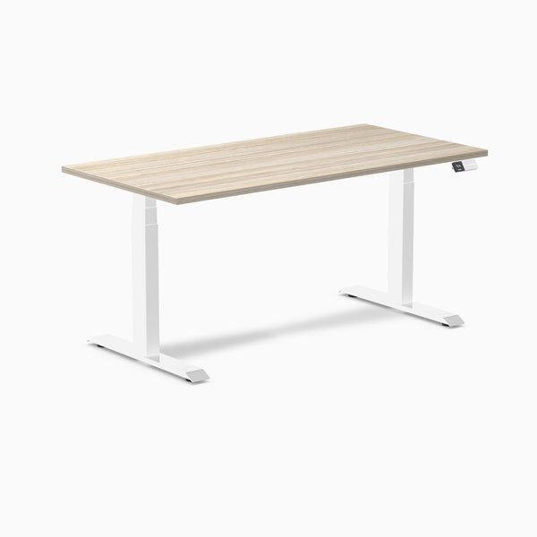 Desky Dual Laminate Sit Stand Desk, Classic Oak desktop, White frame