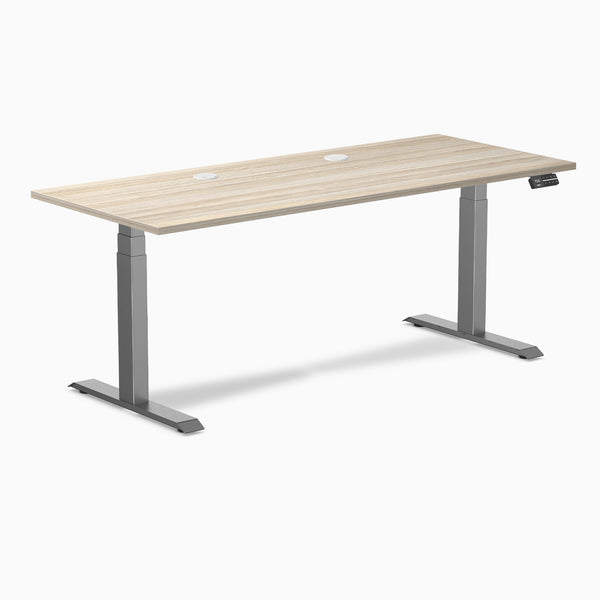 Desky Dual Laminate Sit Stand Desk, Classic Oak desktop, Space Gray frame