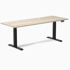 Desky Dual Laminate Sit Stand Desk, Classic Oak desktop, Matte Black frame