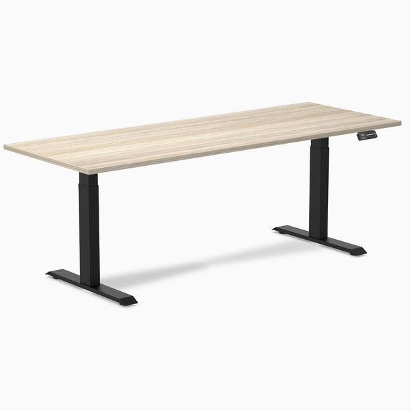 Desky Dual Laminate Sit Stand Desk, Classic Oak desktop, Matte Black frame